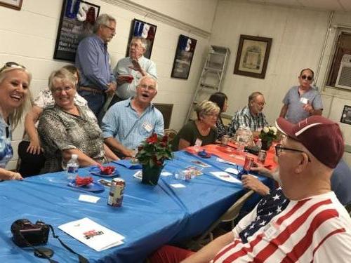 Gretchen, Nancy Westervelt, (their husbands standing up) Sandie Giggey Randall, Billy Marquis, Billy's wife, Cathryn and Frank Bennett, Steve Stairs, Ziggy Campbell