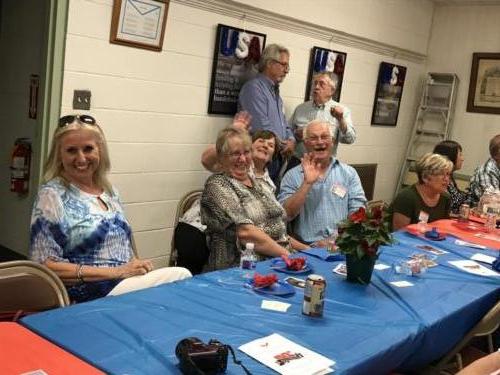 Gretchen, Nancy Westervelt, (their husbands standing up) Sandie Giggey Randall, Billy Marquis, Billy's wife, Cathryn and Frank Bennett